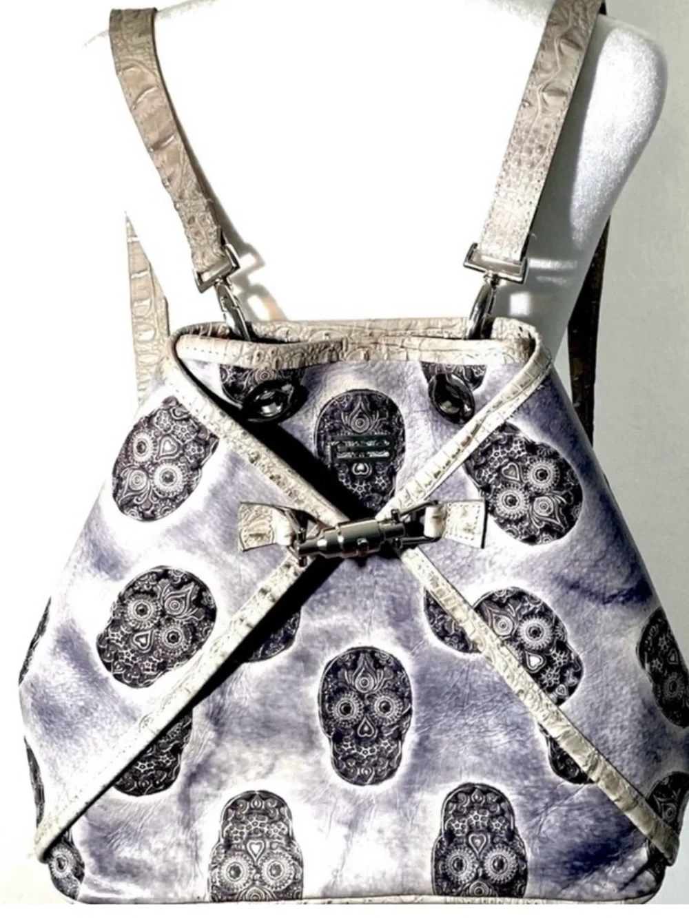 Limited BSWANKY Couture Silver Sugar Skull Reversible Backpack/Shoulder Bag